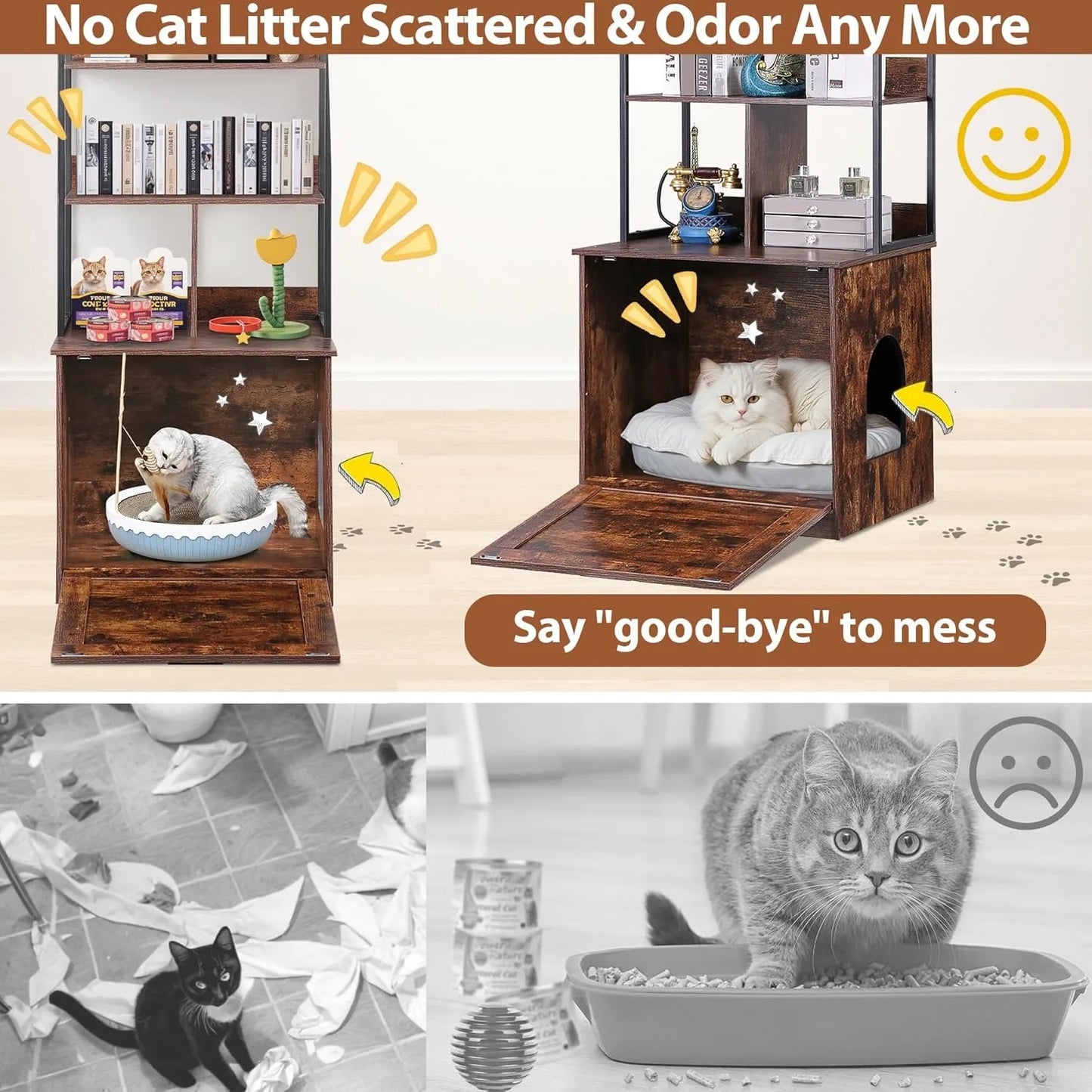 2-in-1 Cat Litter Box Enclosure with Storage Shelves, Hidden Cat Litter Box Enclosure Furniture with Entrance (Rustic Brown)