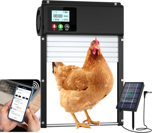 Automatic Chicken Coop Door WiFi Remote Control, Solar Powered Automatic Chicken Door Opener with 8000mAh Battery, Timer & Light
