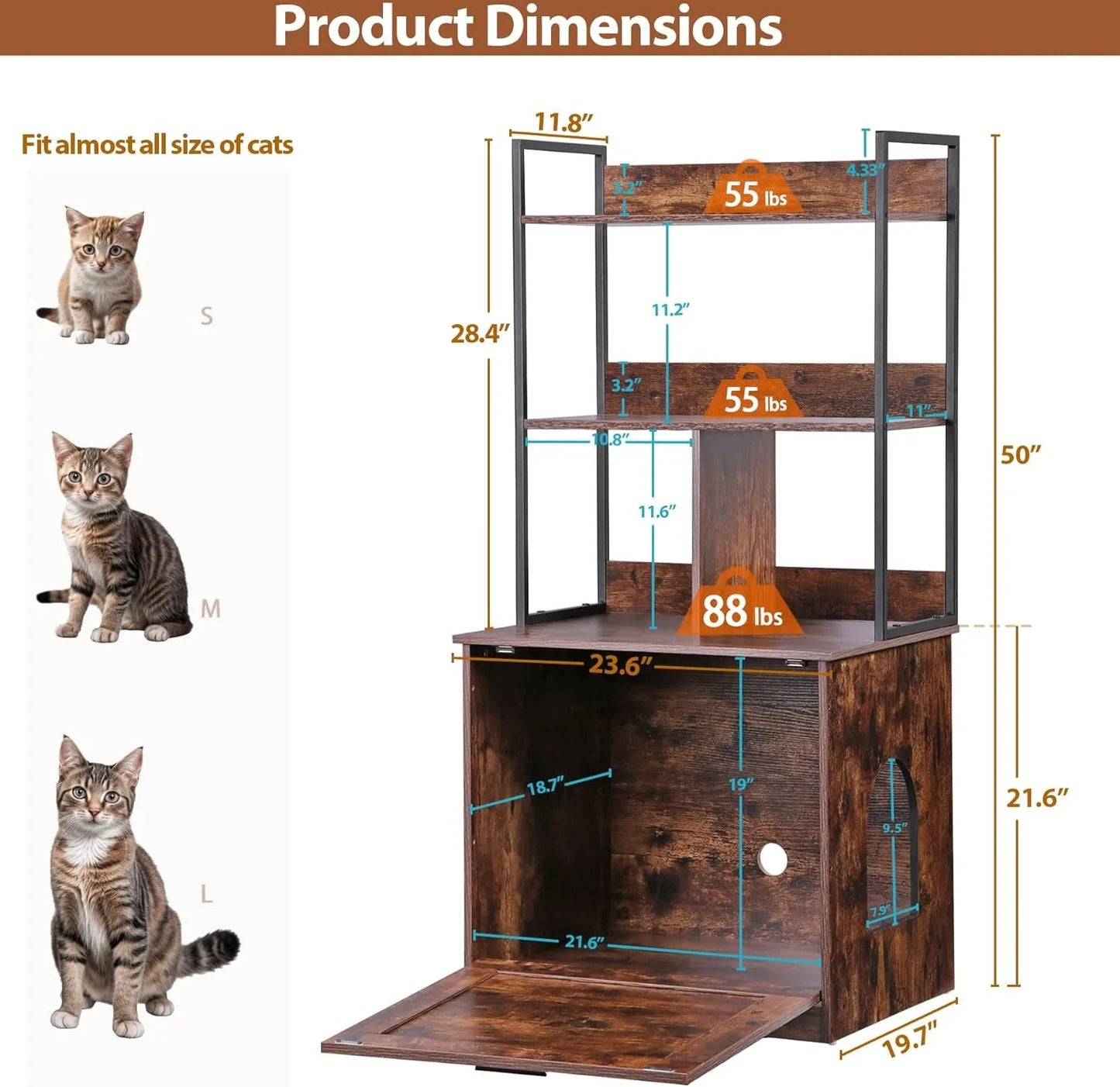 2-in-1 Cat Litter Box Enclosure with Storage Shelves, Hidden Cat Litter Box Enclosure Furniture with Entrance (Rustic Brown)