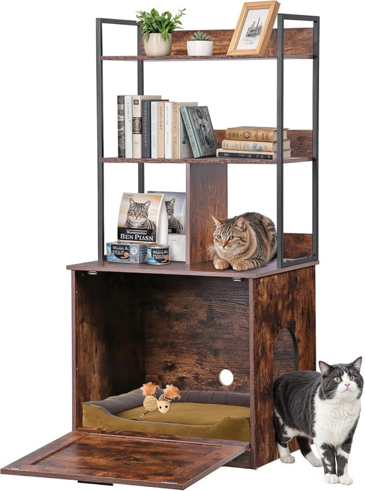 2-in-1 Cat Litter Box Enclosure with Storage Shelves, Hidden Cat Litter Box Enclosure Furniture with Entrance (Rustic Brown)