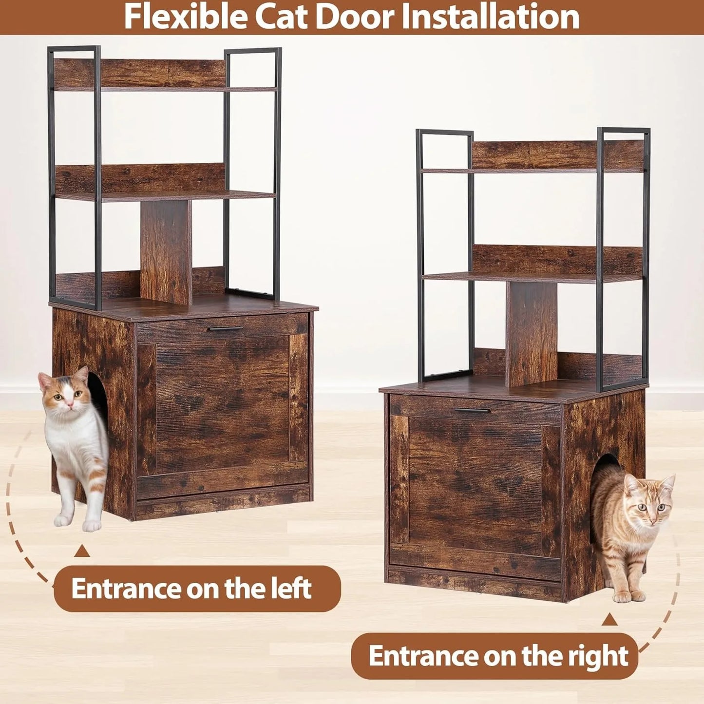 2-in-1 Cat Litter Box Enclosure with Storage Shelves, Hidden Cat Litter Box Enclosure Furniture with Entrance (Rustic Brown)