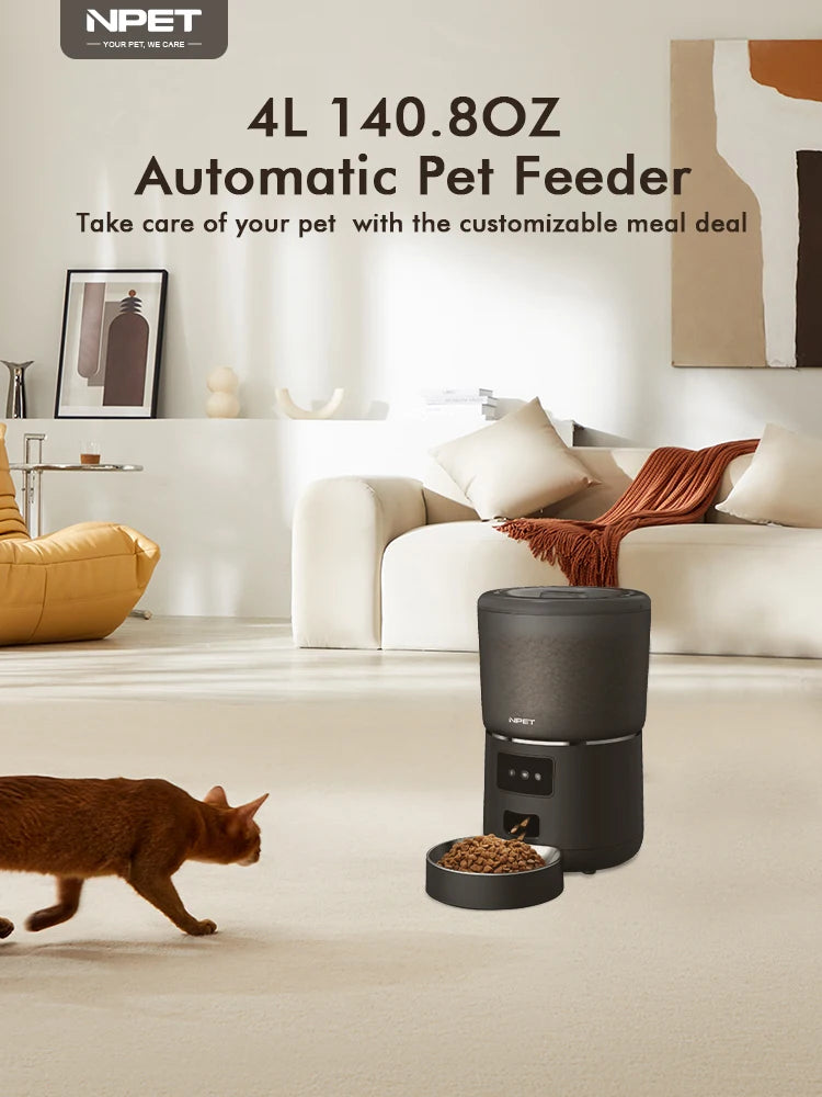 NPET 4L Automatic smart pet feeder for cats & dogs multiple pets with stainless steel bowl Customize healthy food 1-9 portions