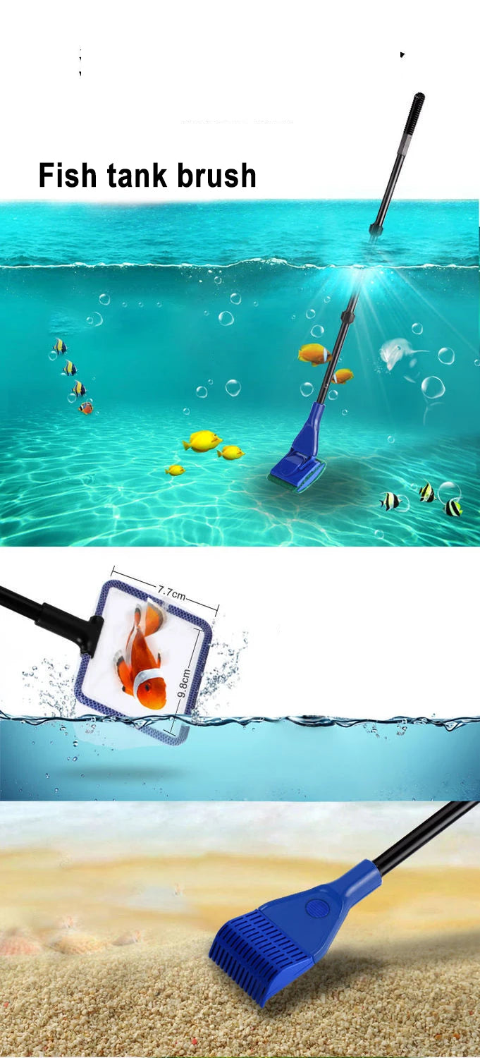 6-IN-1 Aquarium Cleaning Tools Kits Fish Tank Clean Set Fish Net Gravel Rake Algae Scraper Fork Sponge Brush Glass Cleaner