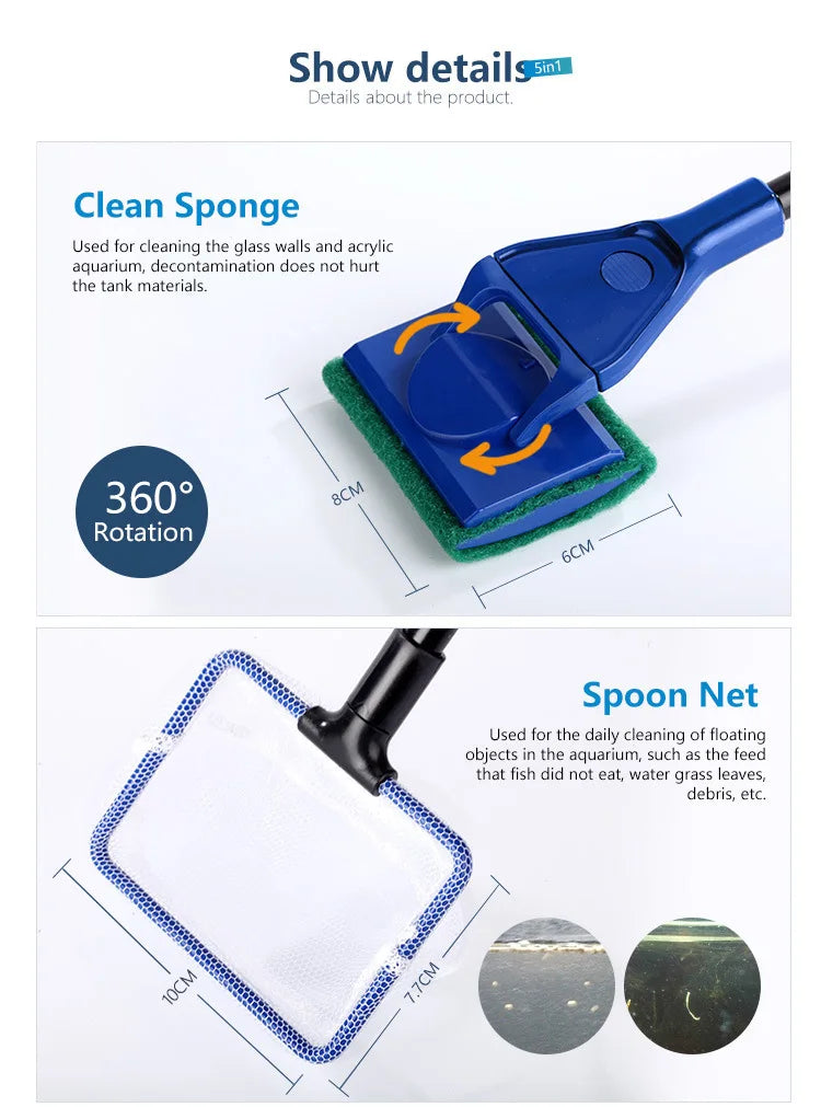 6-IN-1 Aquarium Cleaning Tools Kits Fish Tank Clean Set Fish Net Gravel Rake Algae Scraper Fork Sponge Brush Glass Cleaner