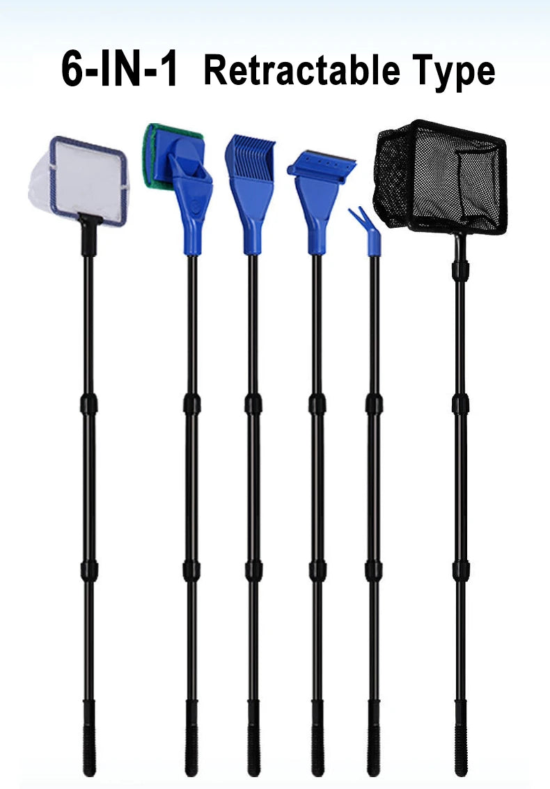 6-IN-1 Aquarium Cleaning Tools Kits Fish Tank Clean Set Fish Net Gravel Rake Algae Scraper Fork Sponge Brush Glass Cleaner