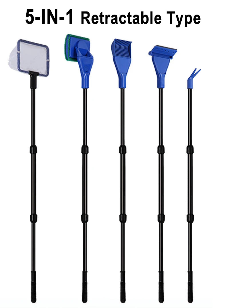 6-IN-1 Aquarium Cleaning Tools Kits Fish Tank Clean Set Fish Net Gravel Rake Algae Scraper Fork Sponge Brush Glass Cleaner