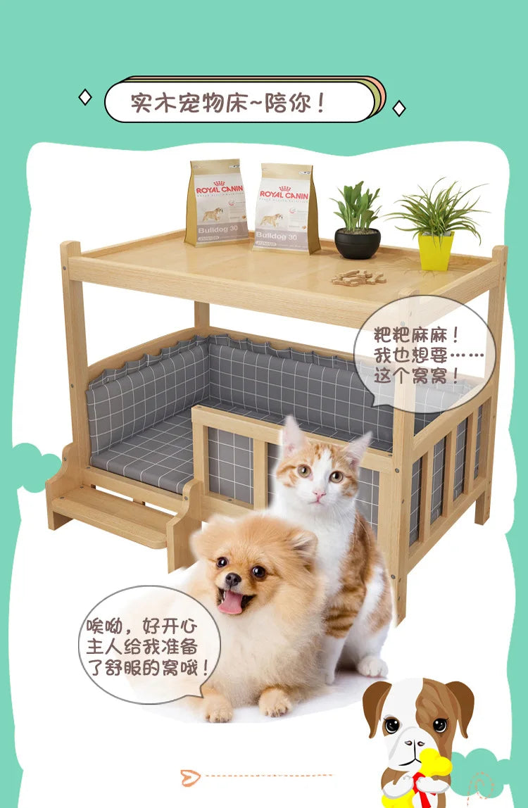 Solid Wood Dog Kennel, Puppy Bed, Kitten Bed, Polished and Smooth, Detachable Pet Accessories, Golden Retriever and Cats