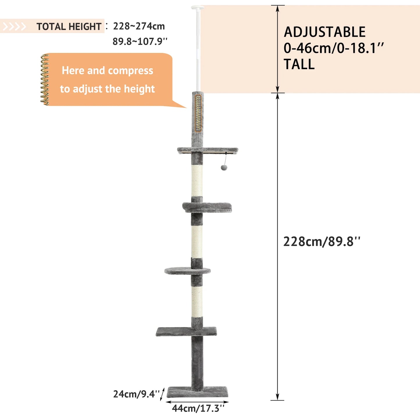 Adjustable Floor-to-Ceiling Vertical Cat Tree Tower Stable Tall Cat Climbing Tree Cat Kittens Cat Toy Suitable for Indoor Cats