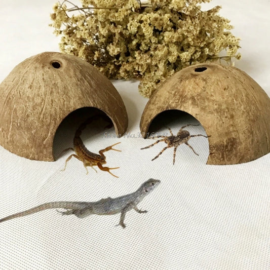 Reptile Hide Habitat Natural Coconut Shell Lizard Spider Small Animal Cave House