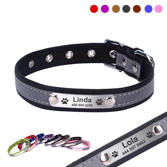 Personalized Dog or Cats Collar Leather Reflective Cat Collar Custom Engraved ID Tag Engraved For Puppy Large Dogs  Pet accessories