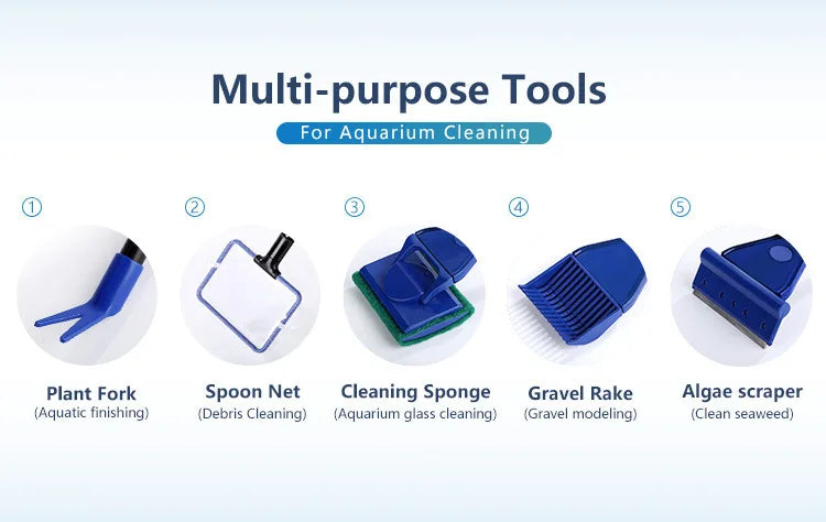 6-IN-1 Aquarium Cleaning Tools Kits Fish Tank Clean Set Fish Net Gravel Rake Algae Scraper Fork Sponge Brush Glass Cleaner