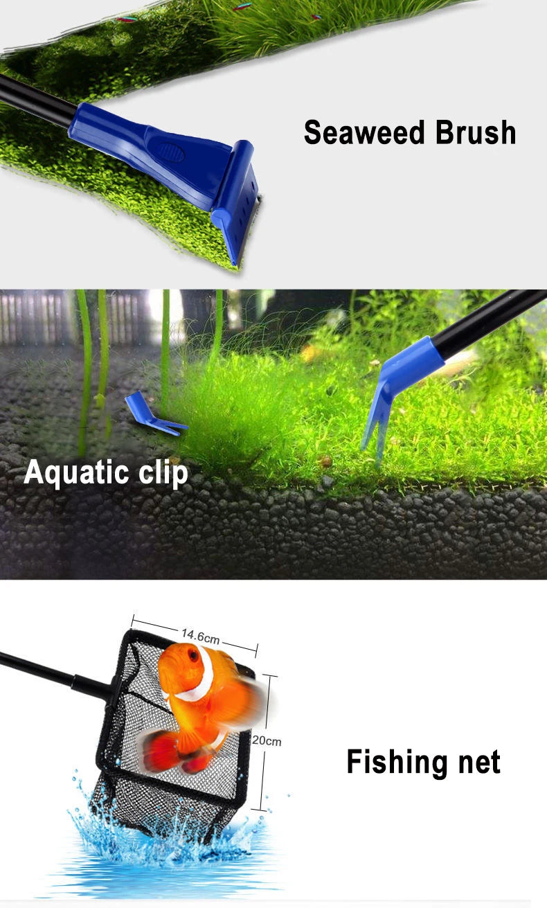 6-IN-1 Aquarium Cleaning Tools Kits Fish Tank Clean Set Fish Net Gravel Rake Algae Scraper Fork Sponge Brush Glass Cleaner