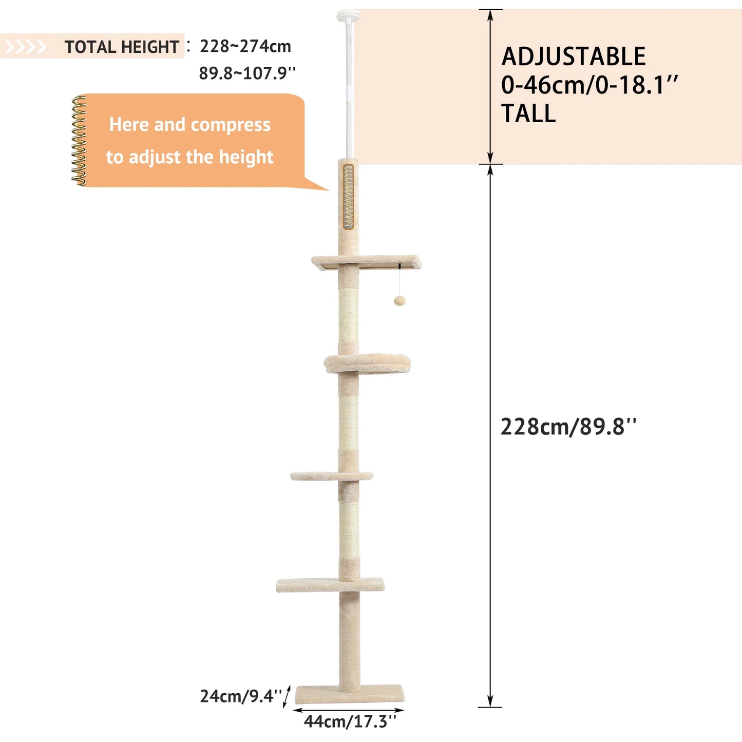 Adjustable Floor-to-Ceiling Vertical Cat Tree Tower Stable Tall Cat Climbing Tree Cat Kittens Cat Toy Suitable for Indoor Cats
