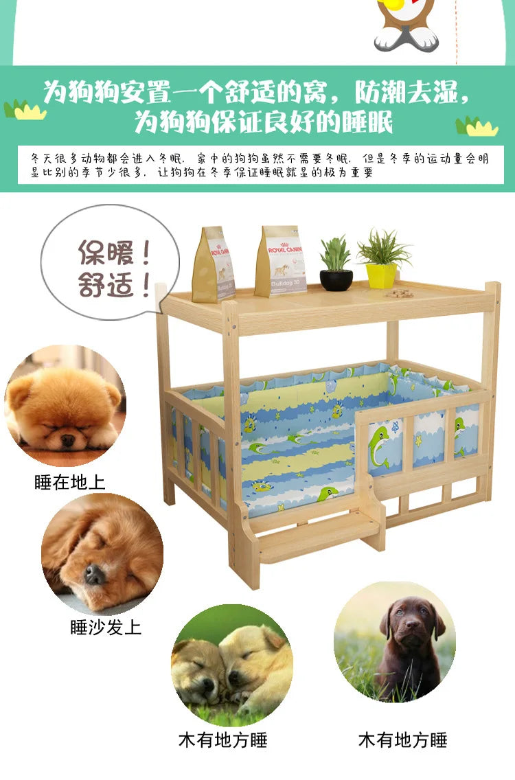 Solid Wood Dog Kennel, Puppy Bed, Kitten Bed, Polished and Smooth, Detachable Pet Accessories, Golden Retriever and Cats