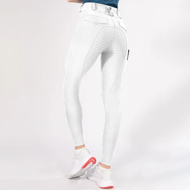 MXLLINA White Horse Riding Pants Women Equestrian Breeches Full Seat Silicone Competition Leggings Anti-pilling Sports Tights