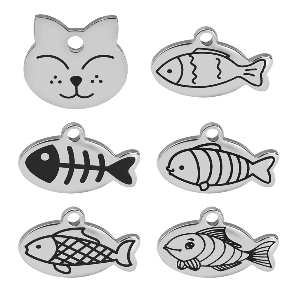 Cute Cat Tag Small Dog ID Tags Free Engraved Name Cats Kitten Name Tag Anti-lost Pet Collar Pendant Fish Shape & Cat Face Tags