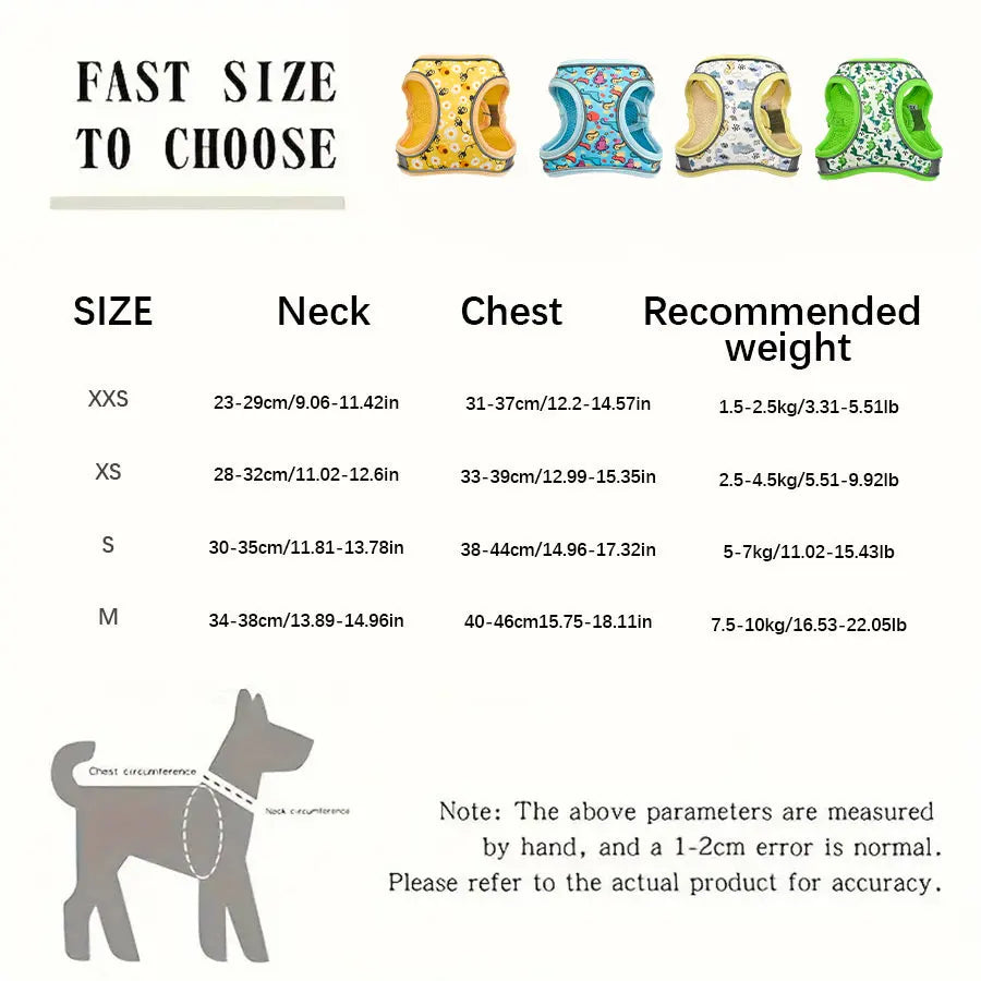 DH009 Cartoon-Dog harness and leash set features a breathable honeycomb mesh design to prevent overheating and sweating.