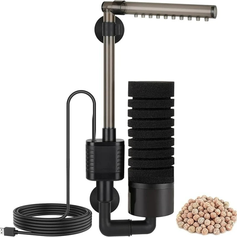 USB Small Aquarium Filter, Single Sponge Filter, with Suction Cup or Adjustable Hanging Clip, Dual Purpose Fish Bowl Tank Filter