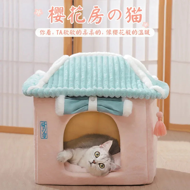 Cat's Nest Warm In Winter All Seasons Universal Cat House Removable and Washable Cat Beds Pet Supplies Closed Cat House Villa