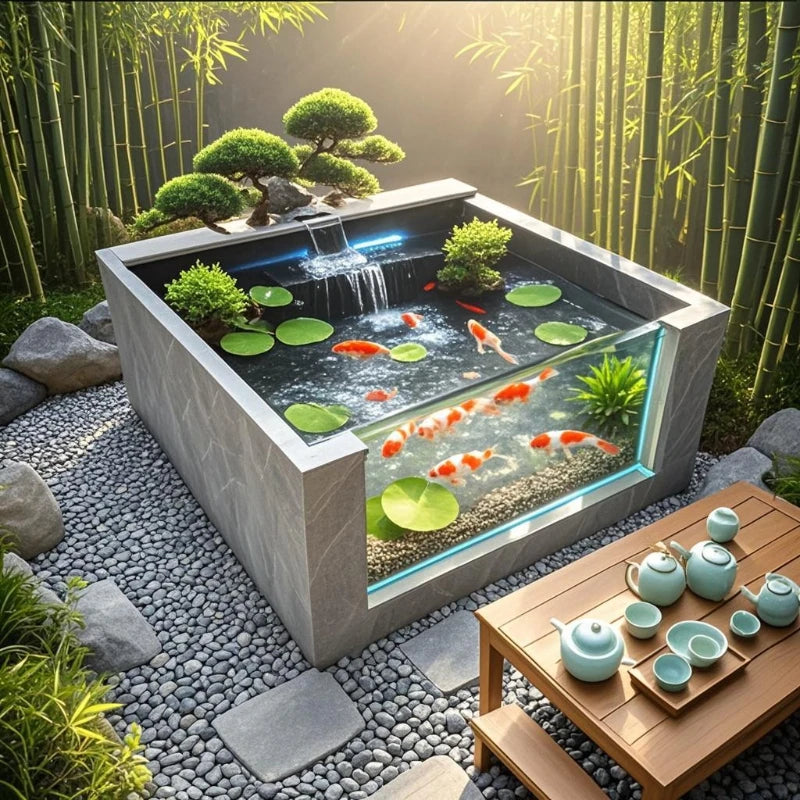 Yard fish pond rock slab floor-to-ceiling koi fish tank outdoor integrated square balcony to create landscape water feature