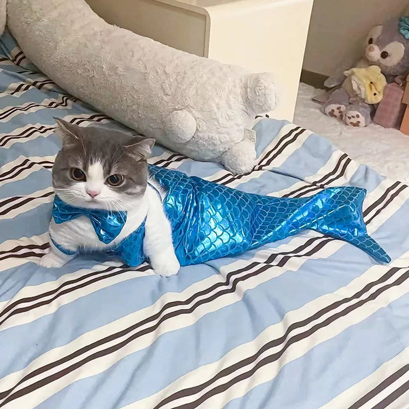 Decorative Cat Mermaid Polyester with Bow Headband Pet Fishtail Swimsuit  Soft Pet Cosplay Costume