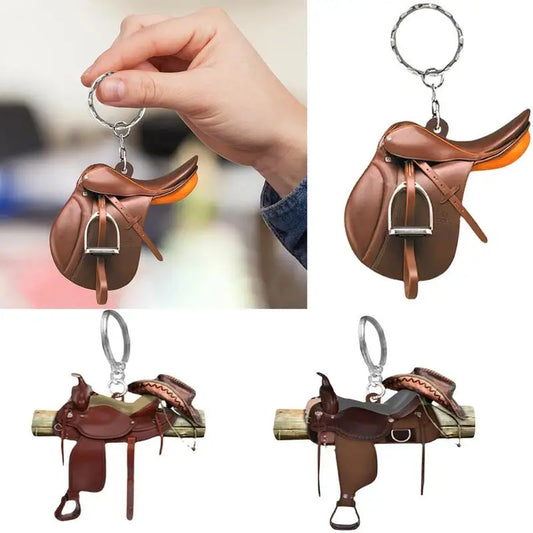 Horse Saddle Ornament Riding Horse Keychain Flat Acrylic Horse Lover Saddle Cowboy Cowgirl Western English Car Rear View Mirror Accessories