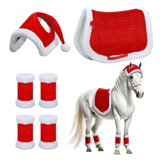 6Pcs Christmas Set Santa Leg Wraps Horse Hat Saddle Pad Multi-Purpose Santa Red Horse Hat & Leg Wraps & Horse Saddle for Horses