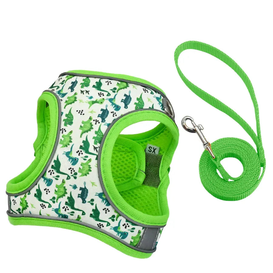 DH009 Cartoon-Dog harness and leash set features a breathable honeycomb mesh design to prevent overheating and sweating.