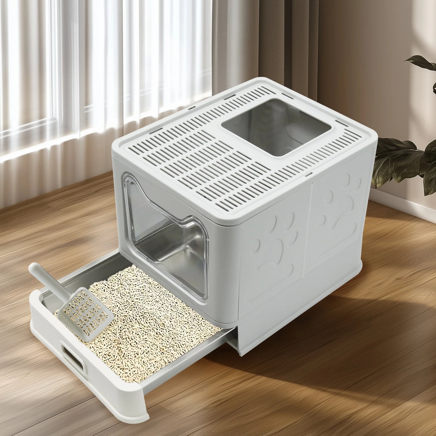 Bingopaw Stainless Steel Cat Litter Box with Lid Front Entry and Top Exit Toilet Box with Litter Scoop for Kittens, Easy Cleaning