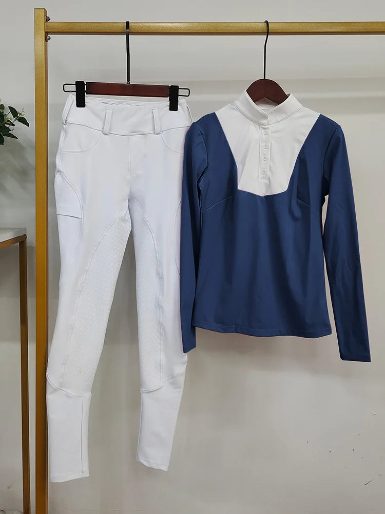 MXLLINA Women Equestrian Clothes Set Horse Riding Long Sleeve T-shirts And Pants Sports Suit Competition Training Riding Wear