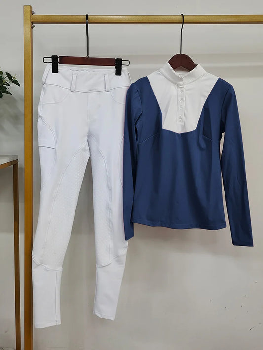MXLLINA Women Equestrian Clothes Set Horse Riding Long Sleeve T-shirts And Pants Sports Suit Competition Training Riding Wear