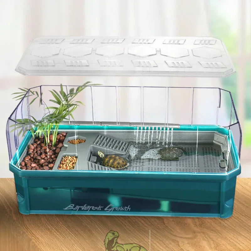 Integrated Turtle Tank Feeding Box Amphibious Tank Cage Plastic Transparent Turtle Tank House Amphibian and Reptile Habitat