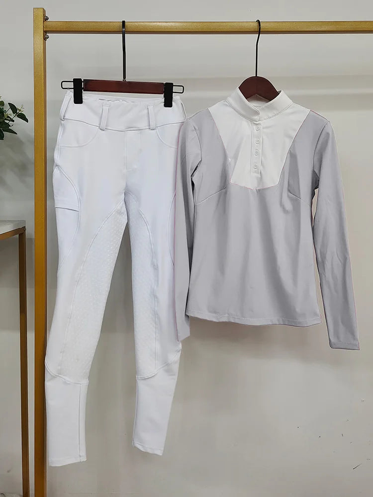 MXLLINA Women Equestrian Clothes Set Horse Riding Long Sleeve T-shirts And Pants Sports Suit Competition Training Riding Wear