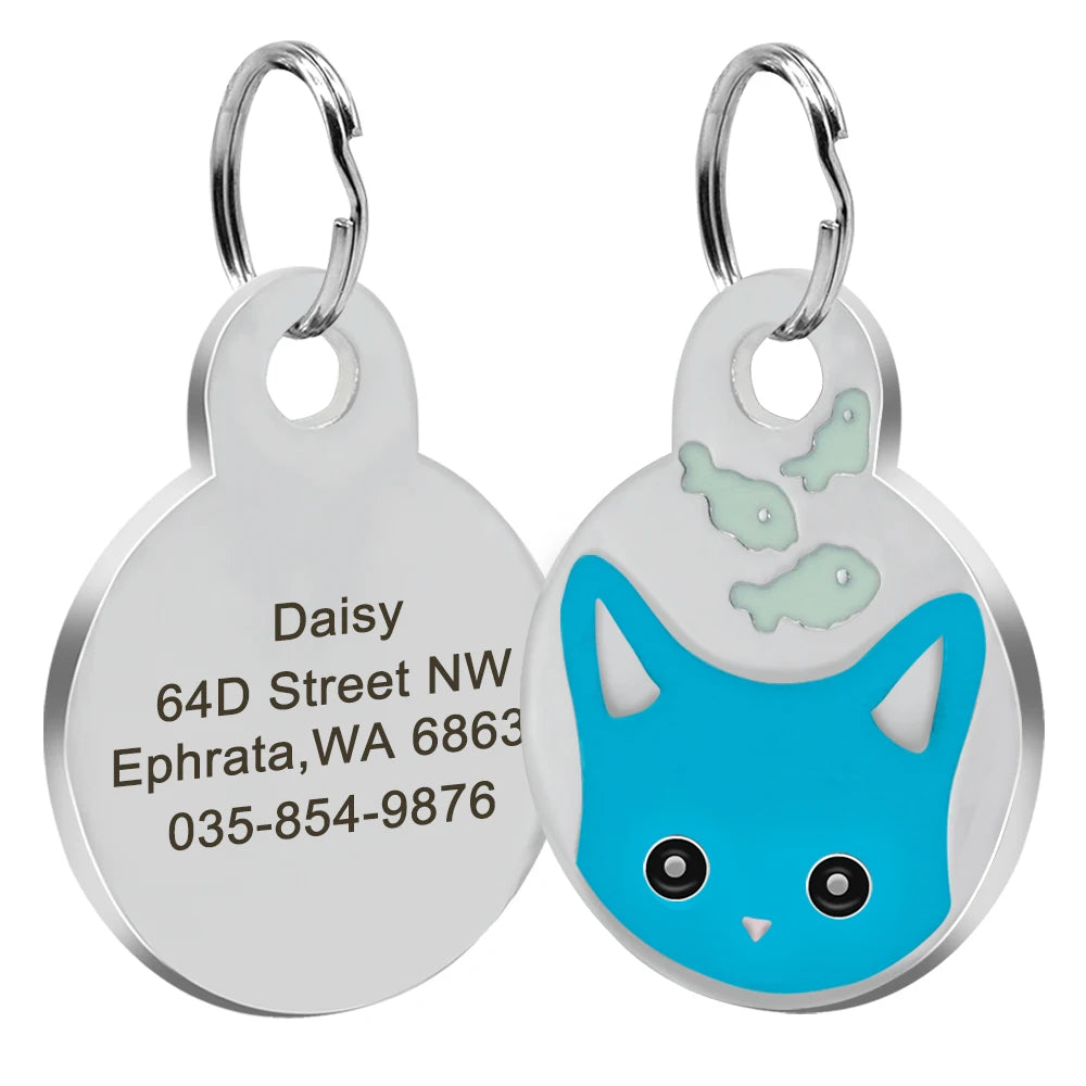 Cute Cat Tag Small Dog ID Tags Free Engraved Name Cats Kitten Name Tag Anti-lost Pet Collar Pendant Fish Shape & Cat Face Tags