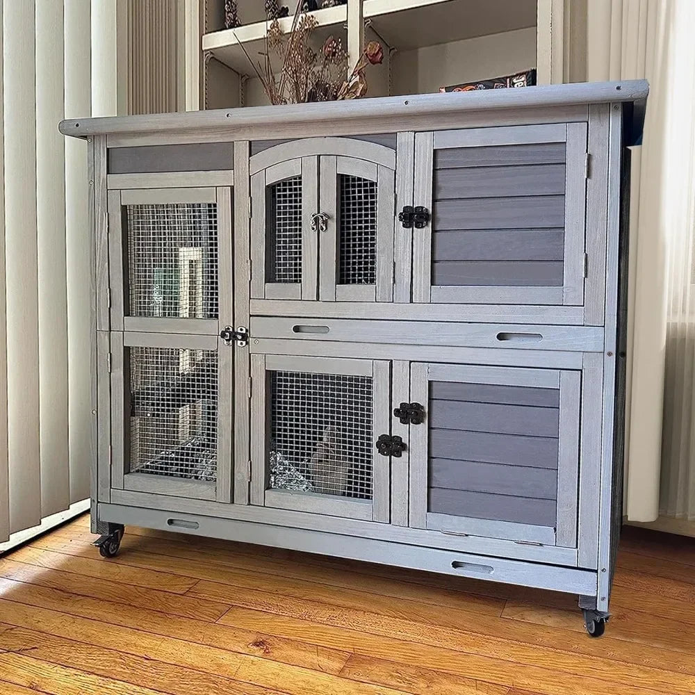 Rabbit Hutch Indoor Outdoor Bunny House Bunny Cage on Wheels with Plastic Tray-47inch