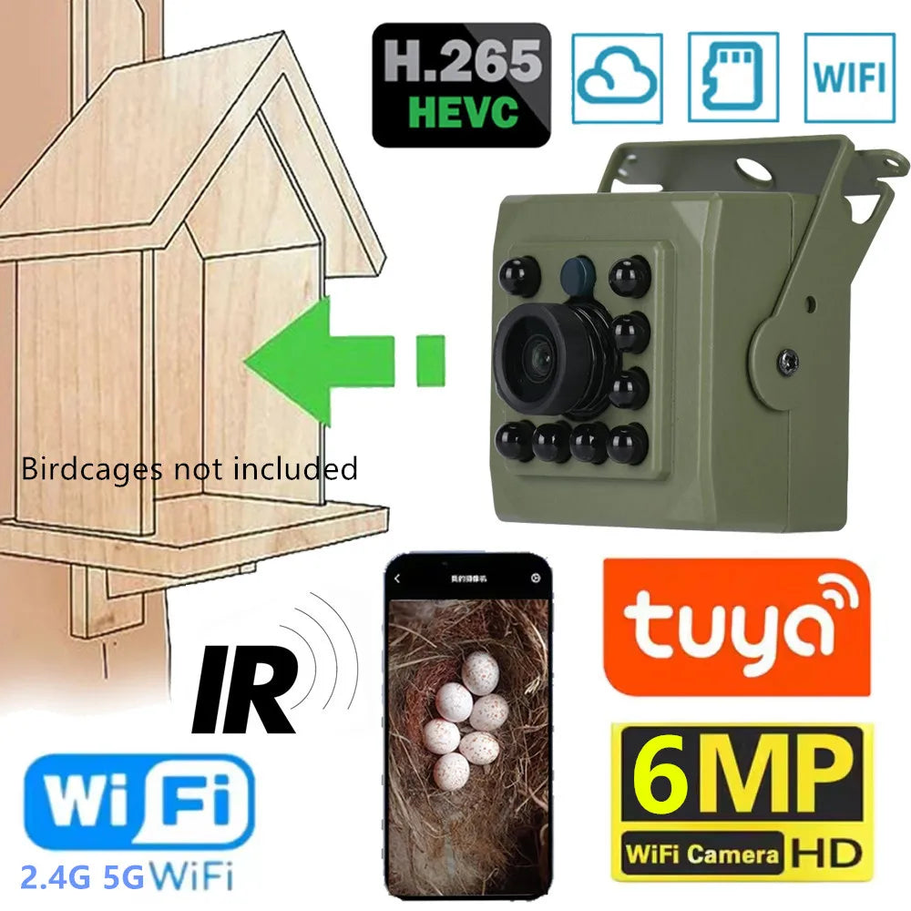 6MP 4MP POE 2K Tuya Mini Wireless WiFi IP Camera Bird Cage CIRCUT Night Vision Small Size Bird Nest Home Security CCTV Smart Life