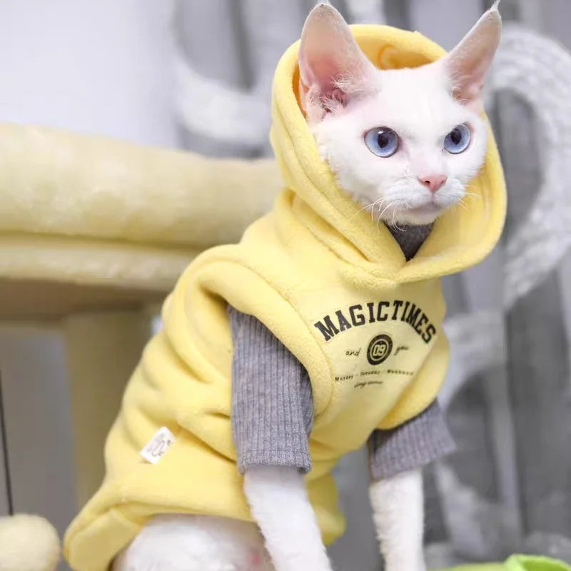 Thick Yellow Fleece Hooded Sweatshirt for Sphynx Cat Grey Short sleeved Coat for Devon Rex in Winter Soft Loungewear for Kittens