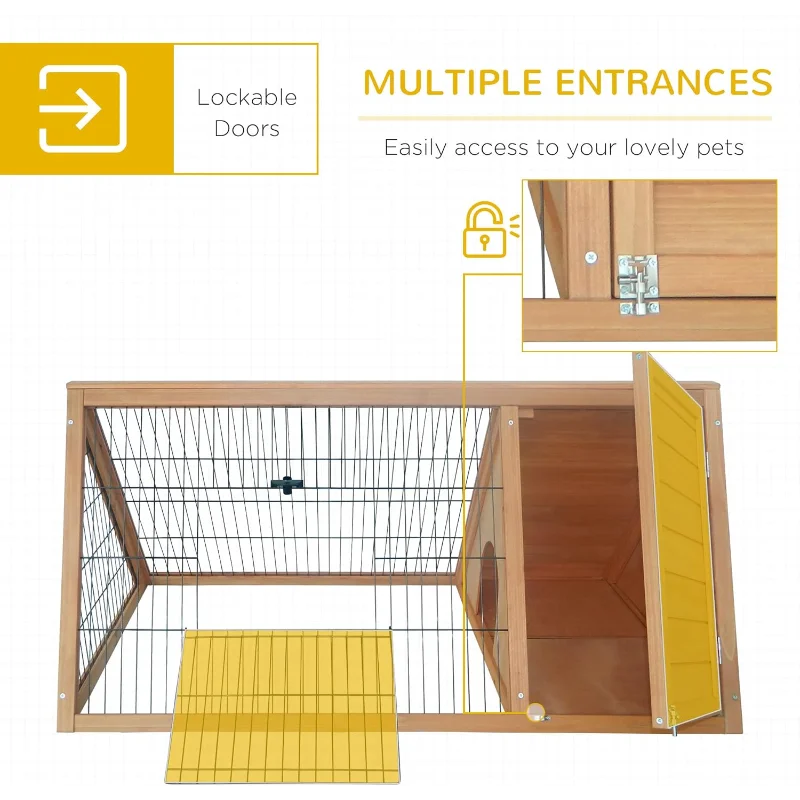 PawHut 46" x 24" Wooden A-Frame Outdoor Rabbit Hutch, Small Animal Cage, Bunny Hutch with Outside Run & Ventilating Wire, Yellow