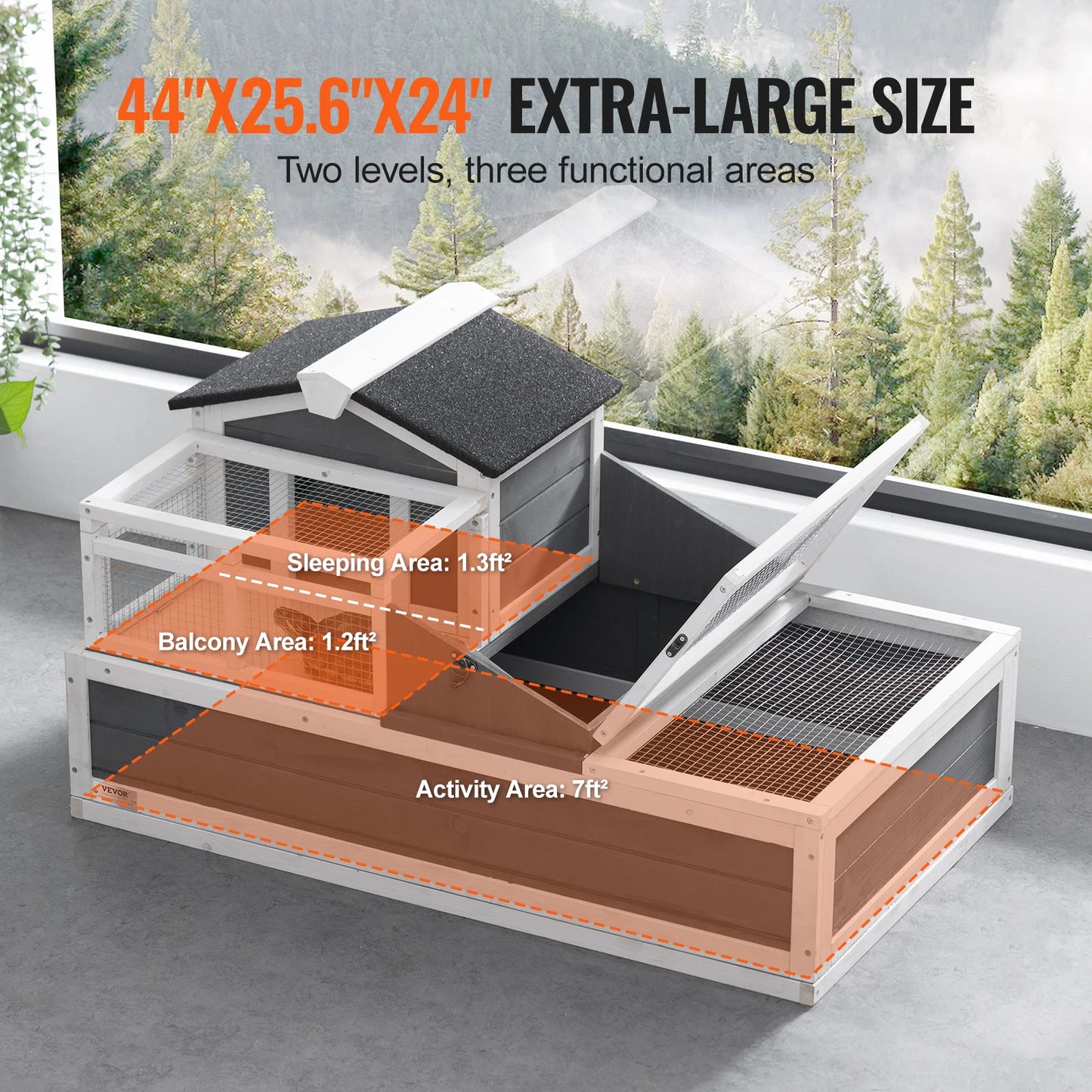 VEVOR 3-Room Tortoise House Tortoise Habitat Wooden Enclosure Indoor & Outdoor Openable Roof Large Reptile Cage 44" x 25.6"x 24"