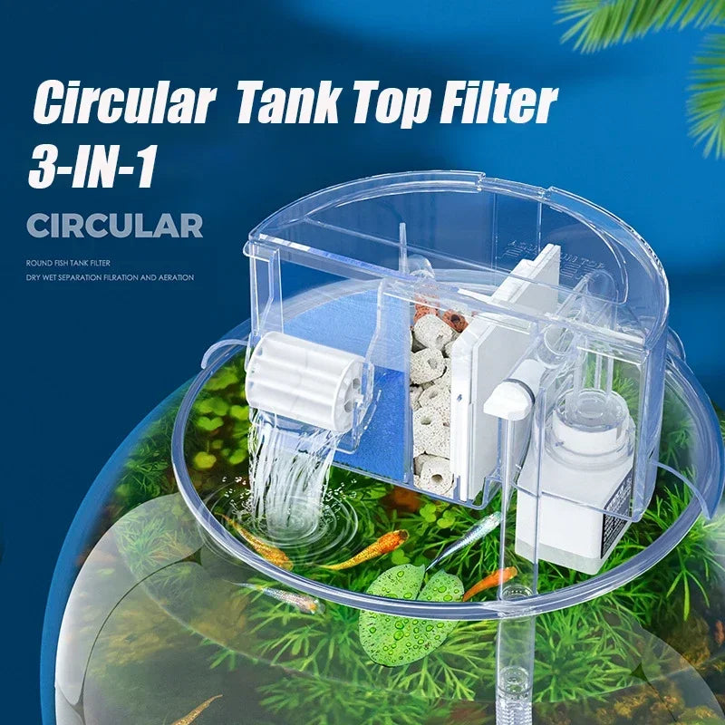 3-IN-1 Circular Fish Tank Filter ,Aquarium Hang on Filter, Water Purification, Waterfall Filter, Top Filter, Aquarium Accessories 4W
