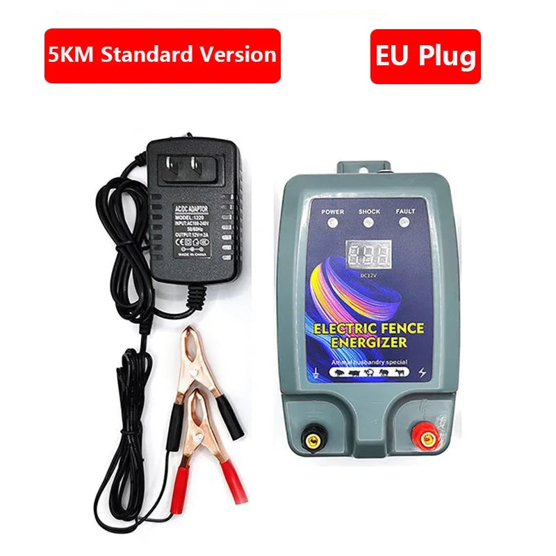 5KM Electric Shepherd for Cattle Animals Farm Electric Shepherd Energizer Livestock LCD Panel Charger High Voltage Pulse Control