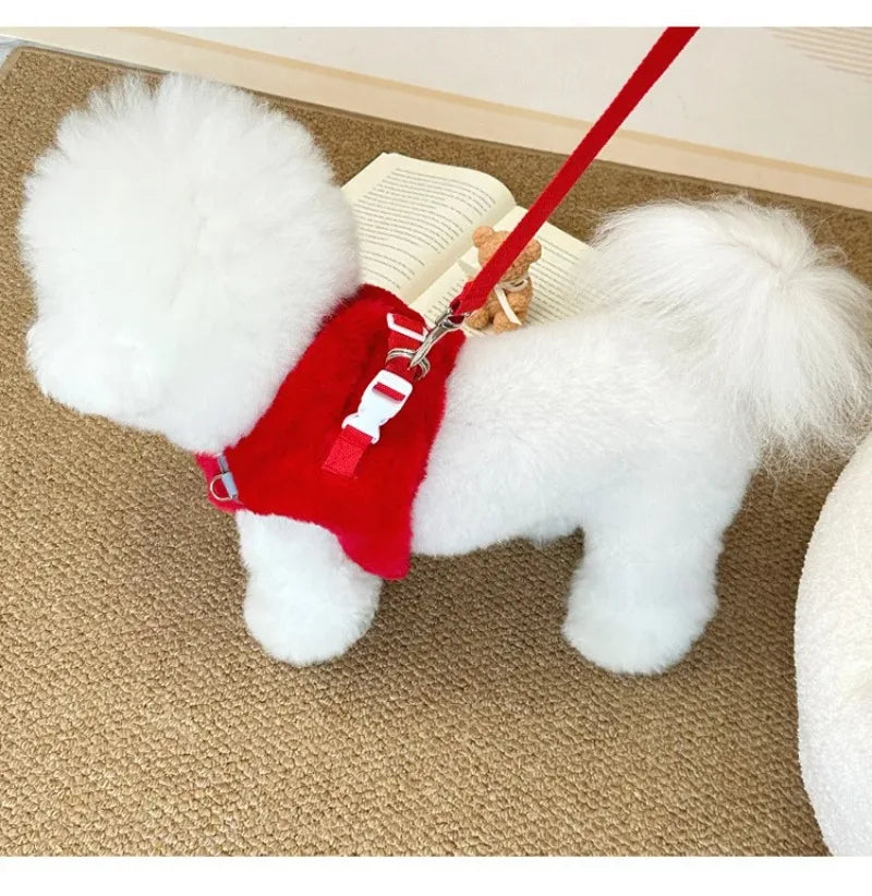 Fashion Pet Rabbit Fur Plush Pet Traction Set Warm Thick Pet Dog Cat Walking Dog Outdoor Teddy Plush Traction Rope Chest Harness