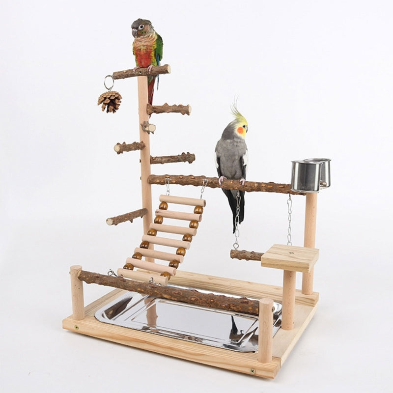 Pet Parrot Play stand Parrots Bird Playground Bird Plays Stand Wooden Perch Playground Ladder with Steel Feeder Plate
