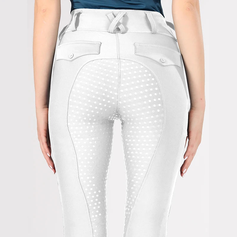 MXLLINA White Horse Riding Pants Women Equestrian Breeches Full Seat Silicone Competition Leggings Anti-pilling Sports Tights
