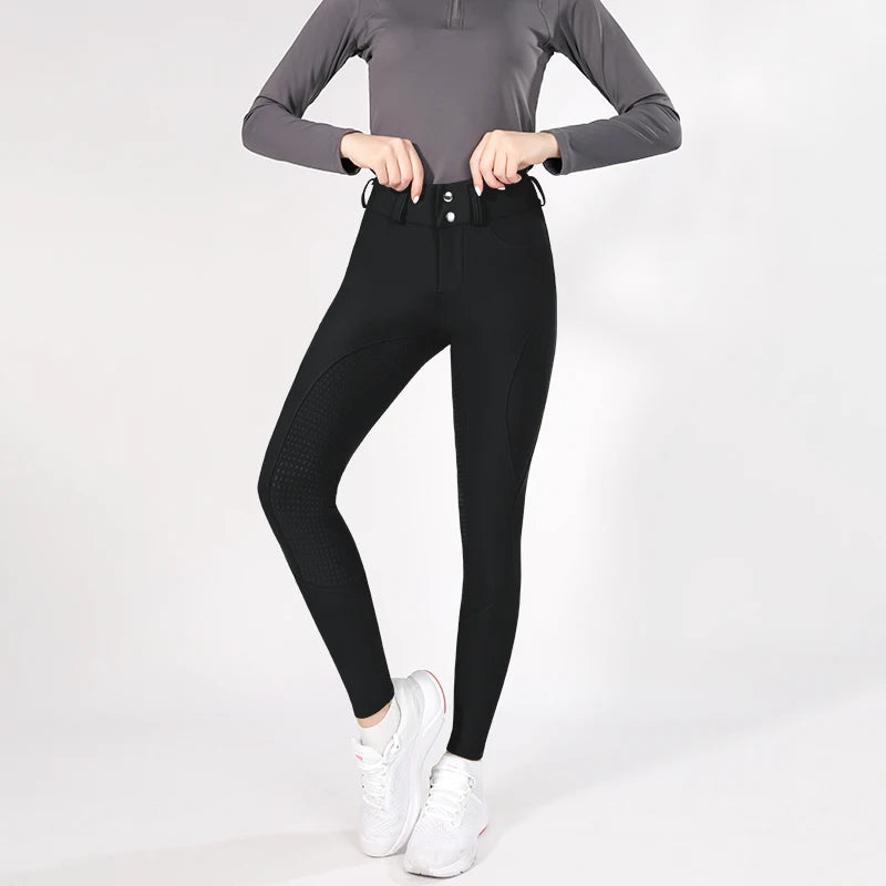 MXLLINA Button Zipper Horse Riding Pants Women Equestrian Leggings Breeches Competition Full Silicone Sports Tights