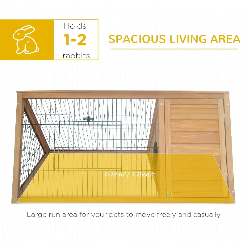 PawHut 46" x 24" Wooden A-Frame Outdoor Rabbit Hutch, Small Animal Cage, Bunny Hutch with Outside Run & Ventilating Wire, Yellow