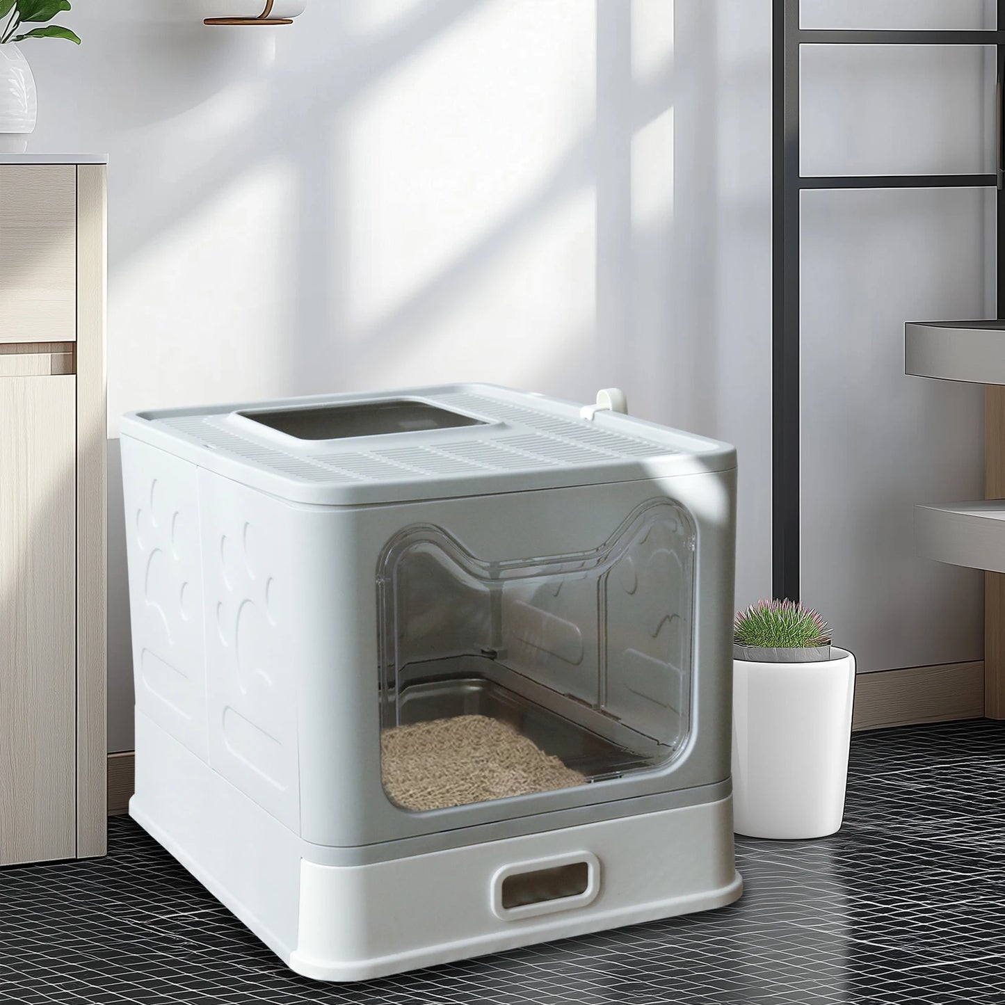 Bingopaw Stainless Steel Cat Litter Box with Lid Front Entry and Top Exit Toilet Box with Litter Scoop for Kittens, Easy Cleaning