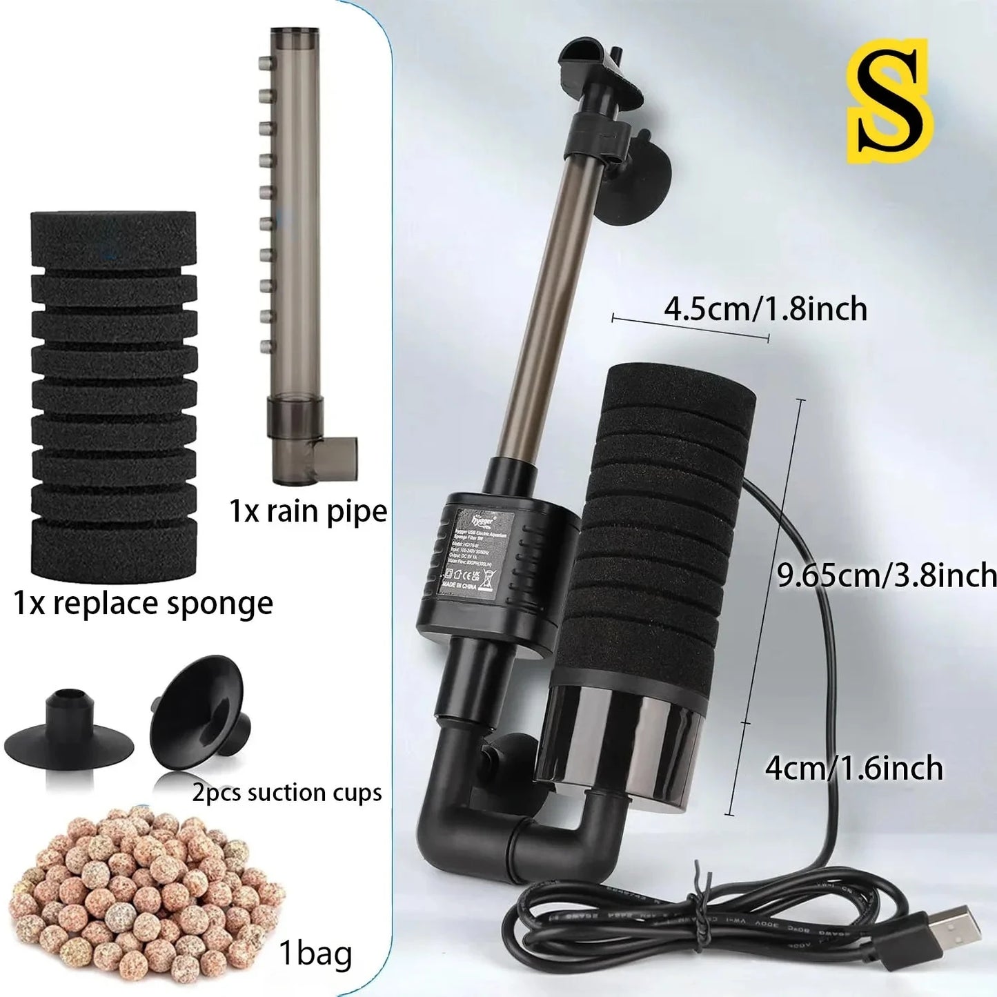 USB Small Aquarium Filter, Single Sponge Filter, with Suction Cup or Adjustable Hanging Clip, Dual Purpose Fish Bowl Tank Filter