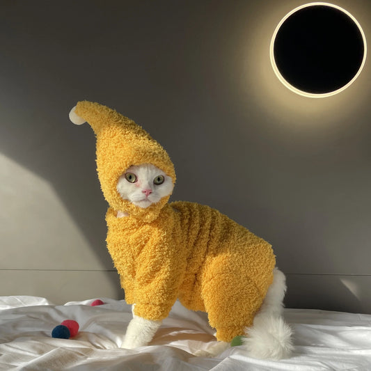 Winter Warm Plush 4-legged Sweatshirt Hat Suit for Devon Rex in Winter Soft Yellow Red Sweater for Sphynx Cat Kittens Khaki Coat