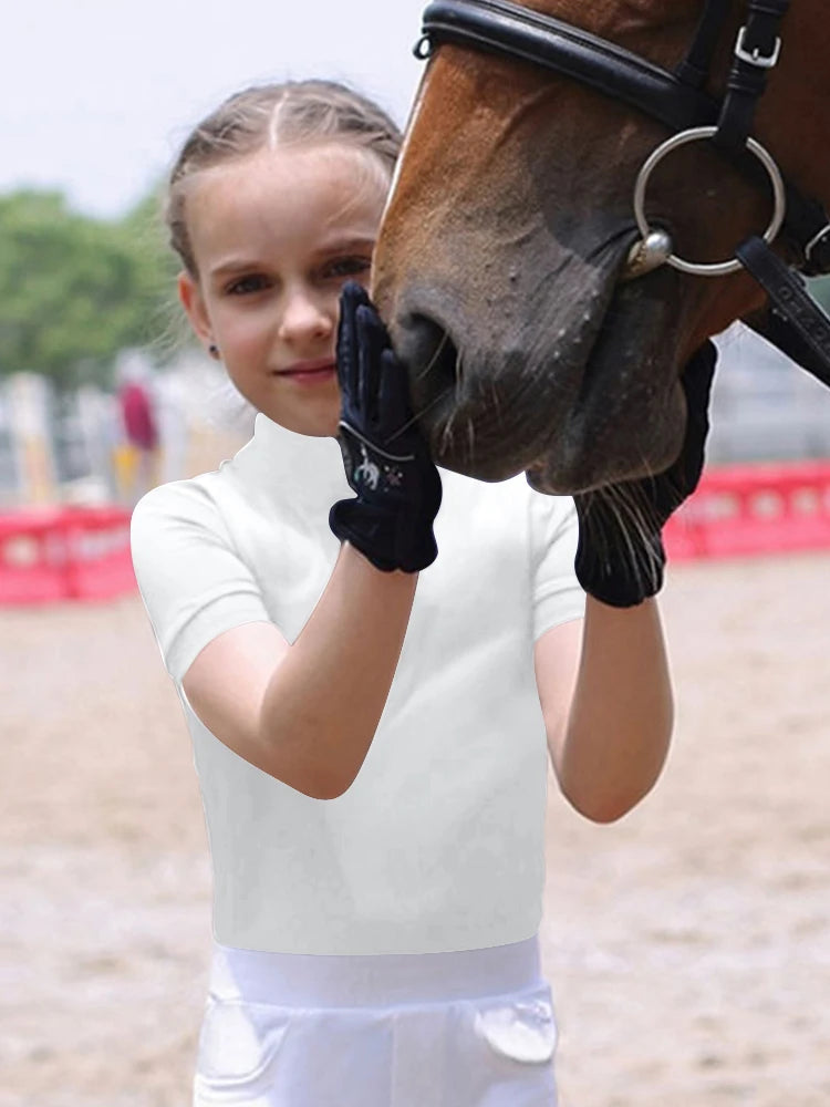 MXLLINA Girls Equestrian Short Sleeves Tops Woman's Summer Zipper Horse Riding T-Shirts Sports Base Layer Competition Show Top